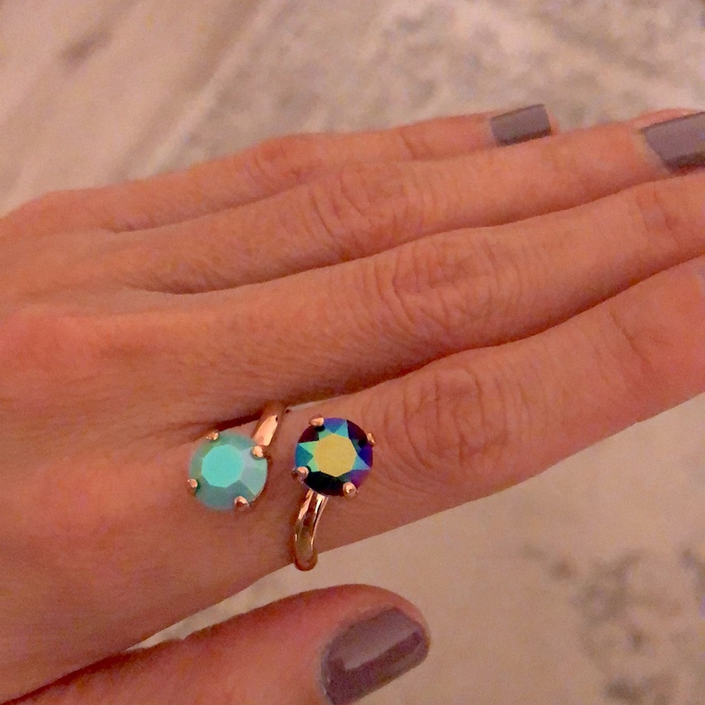 Iridescent Turquoise + Peacock Fuchsia Teal Rose Gold Crystal Ring - Picture 9 of 15